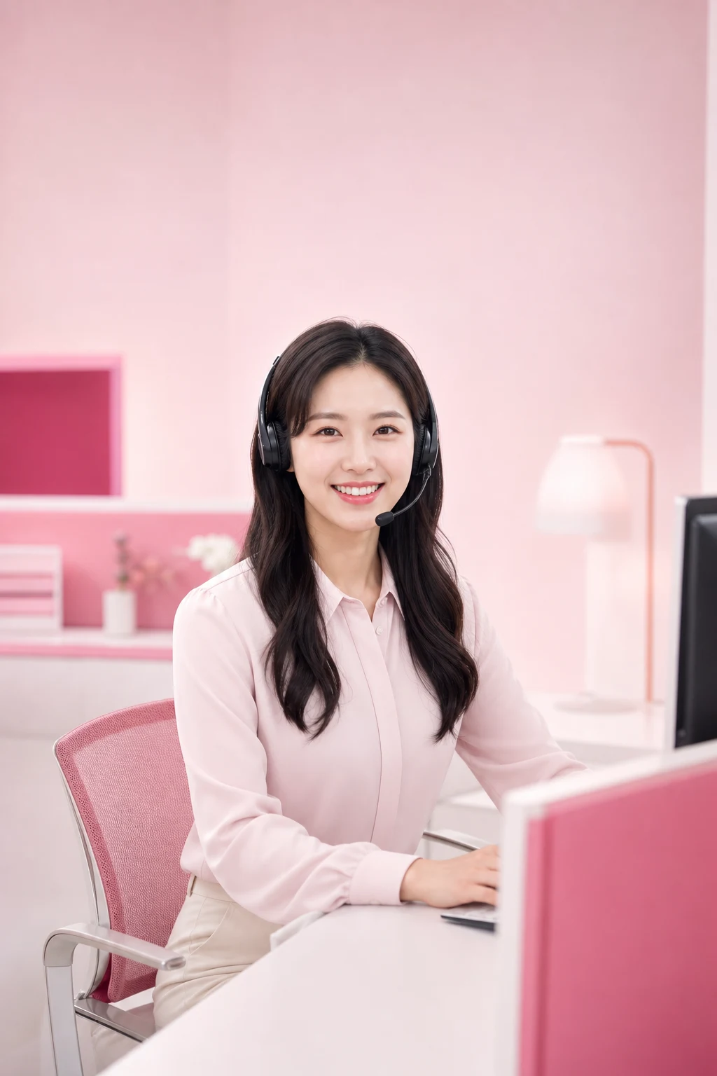 티머니카드깡 다음머니 24시간 전화 문자 상담을 안내하는 헤드셋 여성 상담원 인물